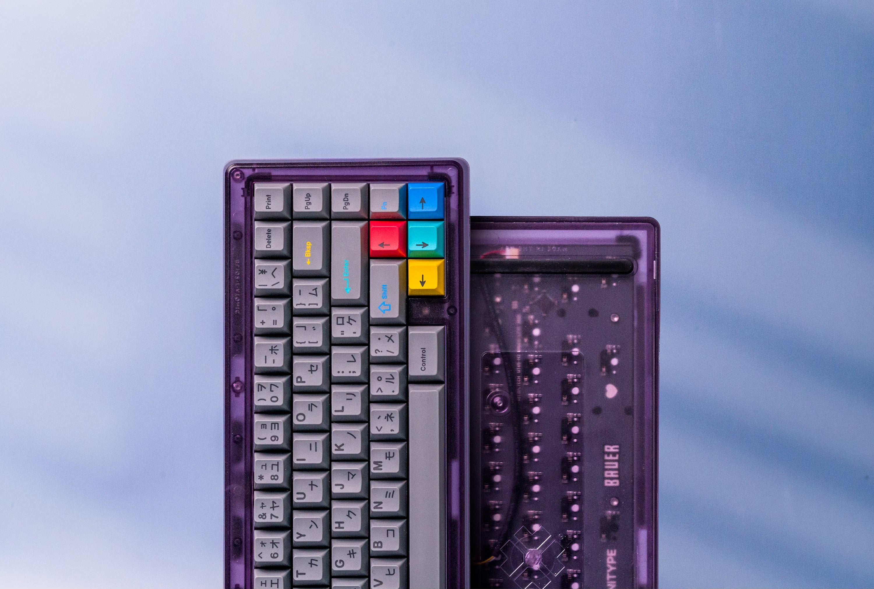GMK DUALSHOT 2 Katakana keycaps installed on a translucent purple keyboard in an official Omnitype product photograph